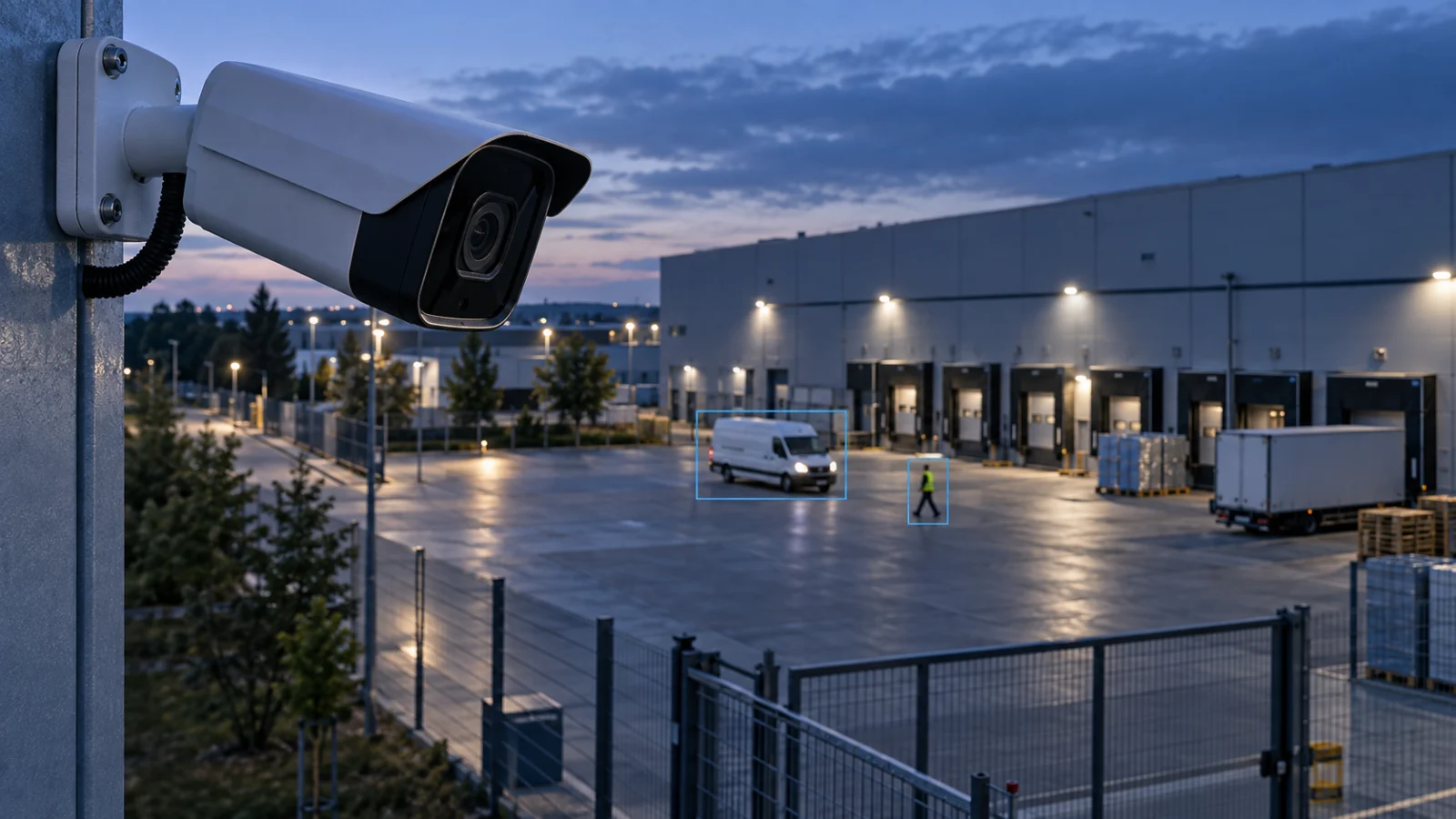 Kamera CCTV obserwująca plac magazynowy; osoba i samochód zaznaczone ramkami analityki obrazu — wizualizacja AI.